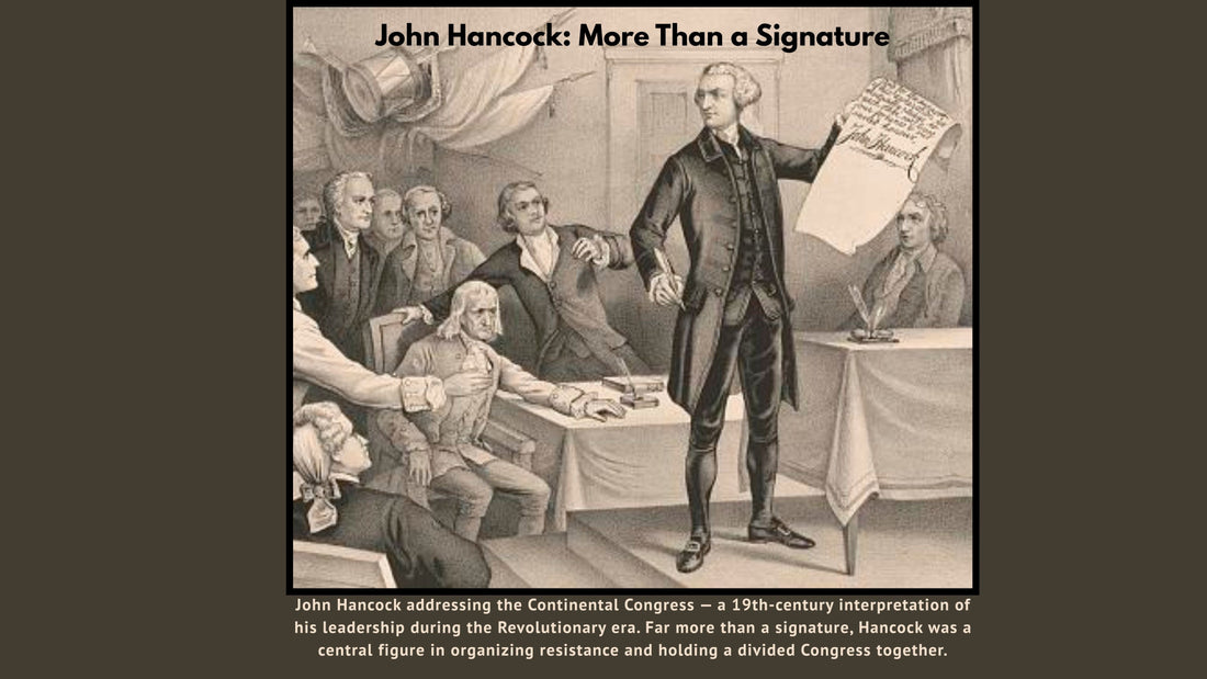 19th-century engraving of John Hancock standing and addressing the Continental Congress, holding a document, with seated delegates listening.