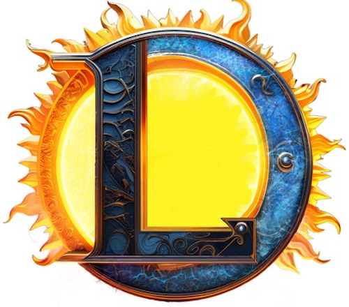 Ornate letter L done to look like ornate metal working in front of a sun